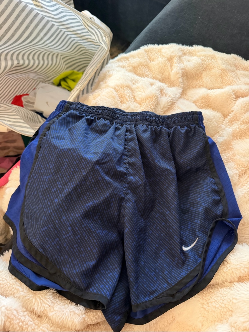 Nike Navy and Black Athletic Shorts with White Swoosh